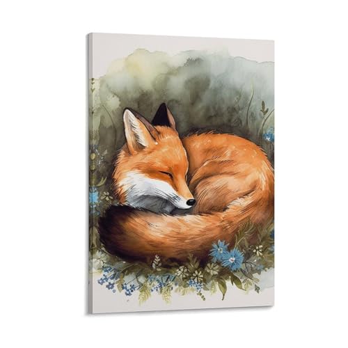 Toile murale esthétique renard cadre en bois suspendu décoration chic