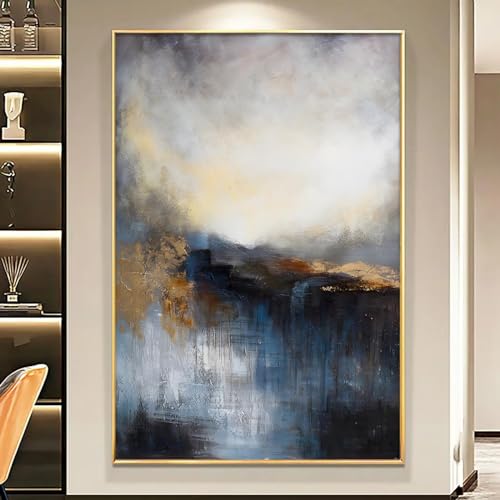 Blue Landscape Prints Blue Black Abstract Wall Art Modern Abstract Artwork Blue and Gold Pictures Black White Blue Gray Wall Art Gray Sky Art Work Navy Blue Abstract Painting for Bedroom 16x24in Frameless
