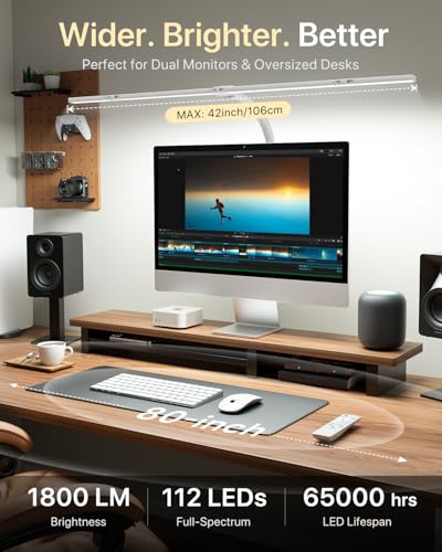 Image of ONEMIX 42 inch LED Desk Lamp with Clamp, Architect Desk Light with Remote, Adjustable 4-Segment Bar, 1800LM Bright, Eye-Caring Desk Lamp for Home Office, Reading, Study, Dual Monitors, Workbench (White)