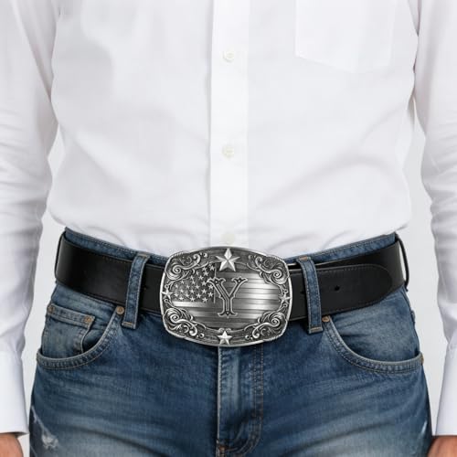 Image of Western Belt Buckle for Men Vintage Cowboy Rodeo Texas Initial Letter ABCDJMR to Z Belt Buckles