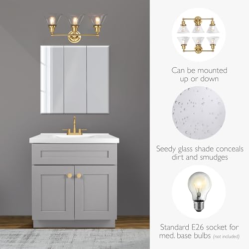 Image of Design House Augustin Vanity Light, 3-Light, Seeded Glass Warm Glow, Dimmable, Up /Down Glow, Easy Installation, E26 Socket, Satin Gold, 25.9 in L x 8.3 in D x 11.1 in H, 589036-SG