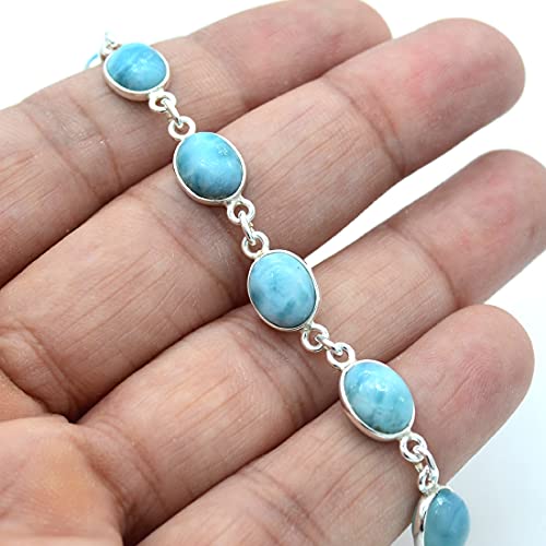 Design Hub Sterling Silver Larimar Bracelet Sky Blue Color 7.25’’ To 7.5" Oval Cabochon Shape Natural Larimar Link #TOP4
