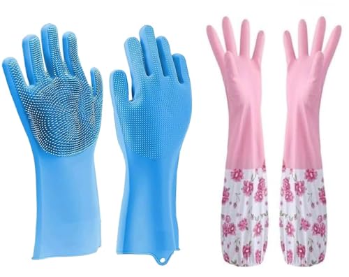 Image of GDNK Reusable Rubber Latex PVC Flock lined Long Sleeves elbow length Hand Gloves for Kitchen Dish-Washing, Cleaning Gloves (Pack of 2) (Silicon + Cotton (Multicolor))