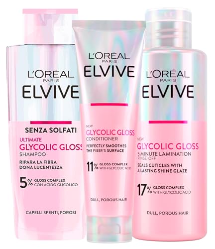 L'Oréal Paris Elvive Glycolic Gloss Zestaw do Włosów Porowatych - Odżywka 150 ml, Szampon 200 ml, 5 Minut 200 ml - Intensywny i Trwały Połysk - 3 Butelki