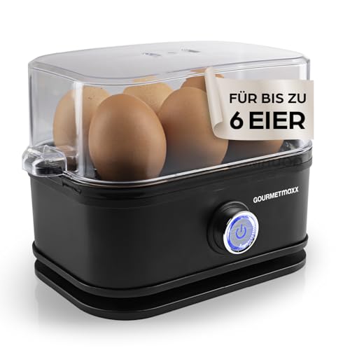 GOURMETmaxx Eierkocher für 6 Eier | Egg Boiler mit Eierstecher im Messbecher | Egg Cooker mit 3 Härtegraden – für jeden Eierbecher das Passende | Design Eierkocher Schwarz - spülmaschinenfeste Teile