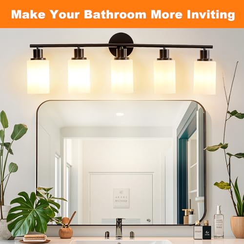Image of DLLT 5-Light Bathroom Light Fixtures: Black Modern Vanity Lights with E26 Bulbs - Milky White Glass Shade Bathroom Wall Lamp for Mirror Kitchen Living Room Hallway Cabinet Porch
