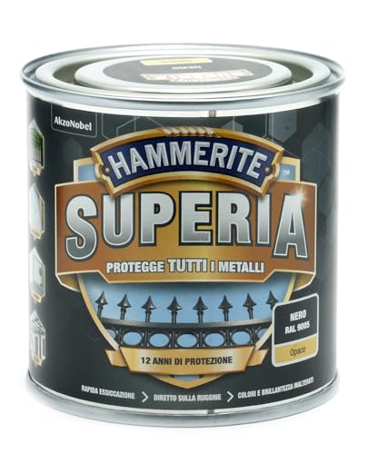 Hammerite Superia smalto metallo antiruggine interno e esterno, Opaco Nero, 250 ml