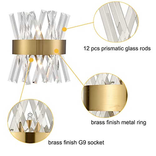 Axiland Mid-Century Modern 2-Light Gold Crystal Wall Sconce Set Of Two With Glass Rods Brass Finish For Bathroom Hallway Entryway Living Room #TOP2