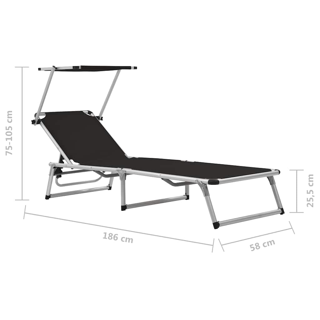 Klappbare Sonnenliegen mit Dach 2er Set aus Aluminium Textilene Schwarz verstellbar für Garten Balkon Terrasse Pool Strand Outdoor Camping