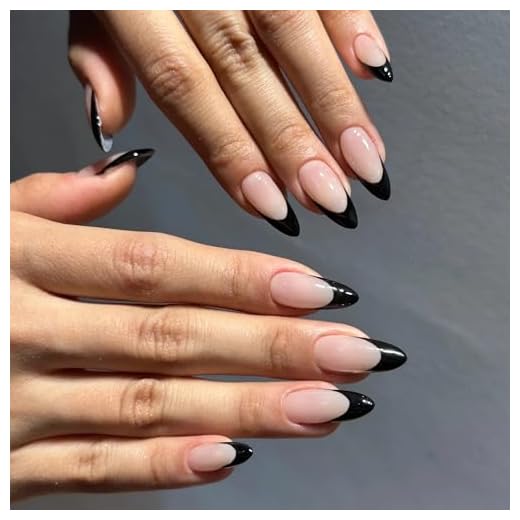 MERVF Oval Press on Nails Medium Black French Tip Fake Nails Glossy Round Black Glue on False Nails Natural Nails Full Cover Acrylic Nails