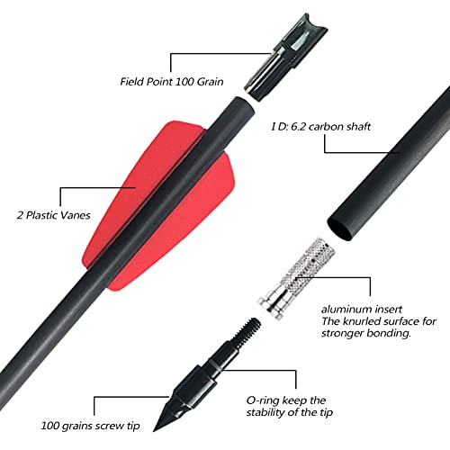 Pandarus Archery Carbon Crossbow Bolts Arrow 15Inch Fletched 2" Vanes With Field Point For Outdoor Hunting Shooting Pack Of 12（Red） #TOP3