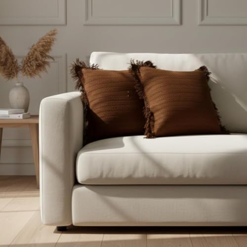 Image of Cotton Cushion Covers 16x16 Inch | Handwoven Printed Brown Decorative Square Cushion Case with Fringe | Sofa, Living Room, Bedroom, Diwan Home Decor Throw Cushion Cover