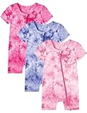 Jimonda Baby GIRLS BOYS Rayon From Bamboo Pajamas 3 Pack Short Sleeve Footless Outfit Romper 2 Way Zipper Tie Dye Bodysuit Pjs Sleep Play(Rose&Pink&Purple,3-6 Months)