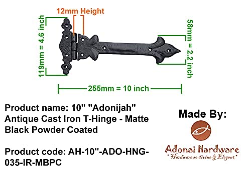 Image of Adonai Hardware Adonijah Antique Cast Iron Strap T Hinge (10 inch X 2 Pack, Matte Black) for Barn Doors, Gates, Shutters, Garages, Wooden Box, Fences, Sheds, Furniture, Chest and Trunks