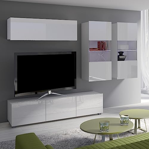 Lomadox Wohnwand Anbauwand weiß Hochglanz 4-teilig Modern, mit 1 TV-Lowboard, 1 Hängeschrank, 2 Hängevitrinen mit Beleuchtung Lomadox Wohnwand Anbauwand weiß Hochglanz 4-teilig Modern, mit 1 TV-Lowboard, 1 Hängeschrank, 2 Hängevitrinen mit Beleuchtung