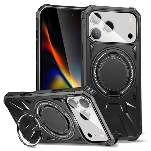 Coque iPhone 17 Pro antichoc noire rigide silicone avec grand anneau rotatif