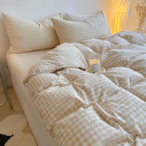 Image of Nayoroom Beige Gingham Duvet Cover Queen Tan Checkered Dorm Bedding
