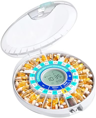 Daviky Automatic Pill Dispenser for Elderly with Alarm, 28-Day Electronic Locked Pill Box, Sound & Light Reminders for Medication, Vitamins, and Supplements