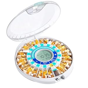 Daviky Automatic Pill Dispenser for Elderly with Alarm, 28-Day Electronic Locked Pill Box, Sound & Light Reminders for Medication, Vitamins, and Supplements