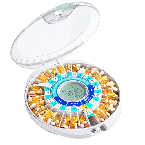 Daviky Automatic Pill Dispenser for Elderly with Alarm, 28-Day Electronic Locked Pill Box, Sound & Light Reminders for Medication, Vitamins, and Supplements