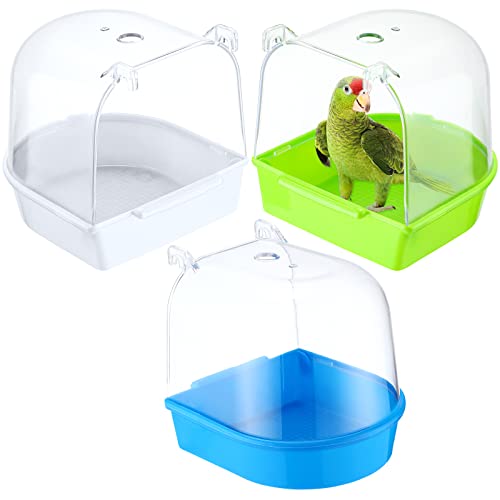 Image of Honeydak 3 Pieces Clear Bird Bath for Cage Parakeet Bird Cage Accessories Hanging Bath Box Parrot Bathing Tub with Clear View for Cockatiel Conure Canary Budgies Parrots Blue Green White