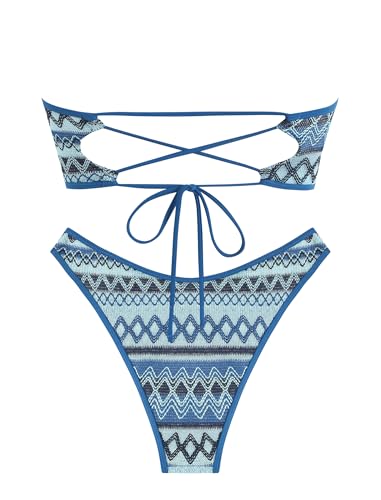 ZAFUL Crochet Bikini Sets for Women Bandeau Top Back Tie Color Block Cheeky Bathing Suits Womens Beach Holiday (Boho Geo Blue S) — view 3