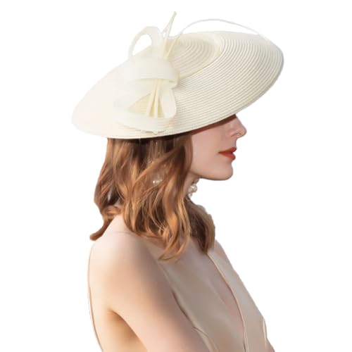 Women's Champagne Wide Brim Straw Derby Hat - Elegant Feather Fascinator for Cocktail Party, Tea Events & Weddings, Summer Luxury Headpiece