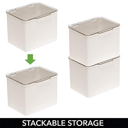 mDesign Bathroom Plastic Stackable Household Storage Container with Lid - Organizer for Entryway, Closet, Kitchen, Bathroom, Garage Kid's Room, Craft Room - 4 Pack - Cream/Clear