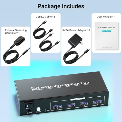8K60Hz 4K120Hz HDMI KVM Switch 2 monitory, 2 komputery, USB 3.0, podwójny monitor HDMI KVM, przełącznik do 2 komputerów do dzielenia się klawiaturą, myszą i 2 monitorami