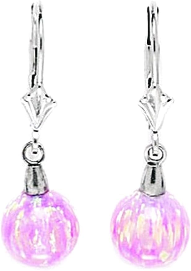 14k White Gold Pink 8x8mm Simulated Opal Ball Drop Leverback Earrings 28x8mm Ball Earring for Women