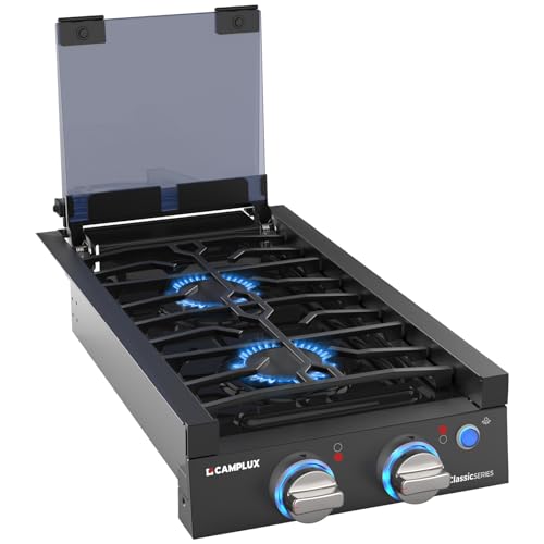 CAMPLUX Classic RV Cooktop 2 Burners Slide-in Propane Cooktop Stove with Tempered Glass Cover 12 Inches Propane Rangetop with Blue Indicator Light 13 000BTU Black RGH12IB