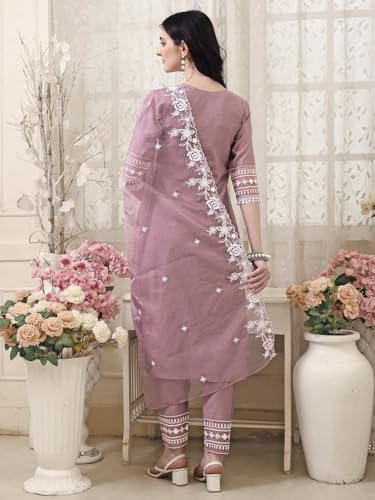 Image of NIVANA Womens Pakistani Style Embroidered Kurta with Pant & Embroidered Dupatta | Chanderi Straight Kurta Set with V-Neck & 3 /4 Sleeves | Ethnic Wear for Festive & Casual Occasions
