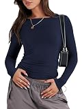 Picture of ANRABESS Women’s Long Sleeve Shirts Tight Fitted Going Out Crop Tops Crewneck Basic Tee Y2k Fall Outfits Teens Girls Clothes Navy Blue XS