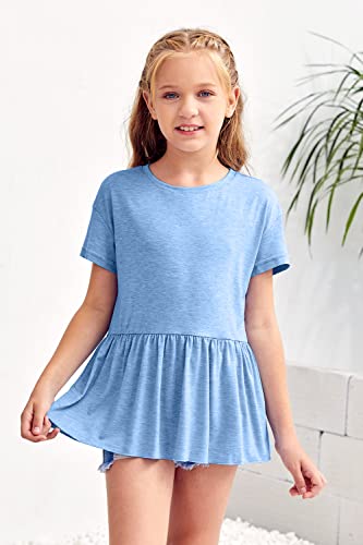 Image of Ebifin Girls Short Sleeve Tops Kids Peplum Babydoll T Shirts Tees 4-15Y | Girls T-Shirts, Crew neck Short Sleeve Shirts, Casual Tunic Tops, Cute Blouses, Summer Tees, Ruffle Hem, Loose fit