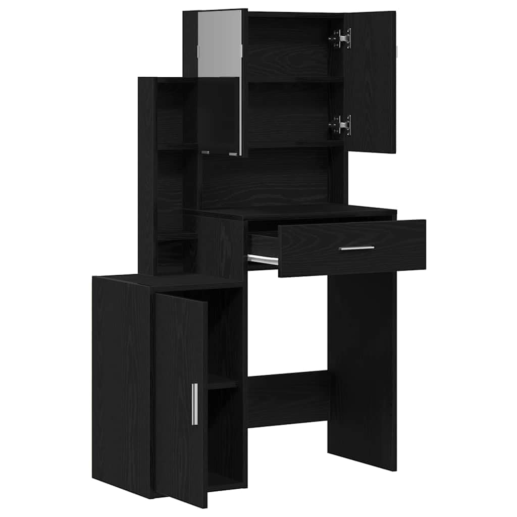 Schminktisch Schwarz Eichen-Optik Holzwerkstoff 80 x 35 x 132 cm mit Spiegel Schublade Stauraum und Ablage für Schlafzimmer Ankleidezimmer Make-up und Pflege