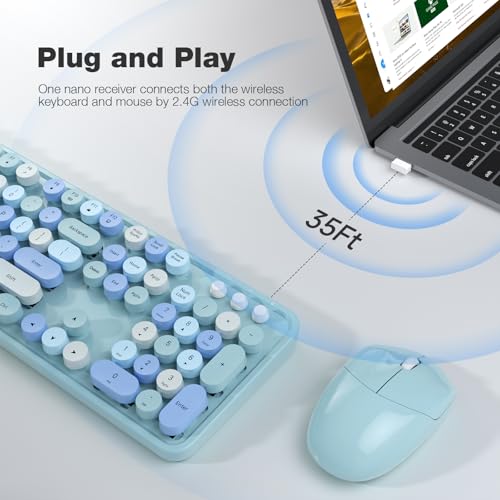MOFII Wireless Keyboard and Mouse Combo, Blue Retro Keyboard with Round Keycaps, 2.4GHz Dropout-Free Connection, Cute Wireless Mouse for PC/Laptop/Mac/Windows XP/7/8/10 (Blue-Colorful) - Thumbnail 2