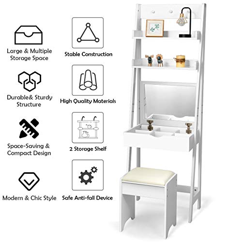 Charmaid 3-In-1 Vanity Set With Flip Top Mirror, 6 Makeup Organizers, 2 Storage Shelves, 3 Hat Hooks Vanity Table Desk Bookshelf With Cushioned Stool, Ladder Desk Makeup Vanity For Small Spaces, White #TOP7