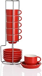 Sweejar Porcelain Espresso Cup & Saucer Set, Stackable Demitasse Cups with Metal Stand, 70 ml for Latte,Coffee,Cafe Mocha,Tea, Set of 6 (White)