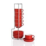 Sweejar Porzellan Espressotasse & Untertasse Set, Stapelbare Demitasse Tassen mit Metallständer, 70ml für Latte, Kaffee, Café, Mokka, Tee, 6er Set (Rot)
