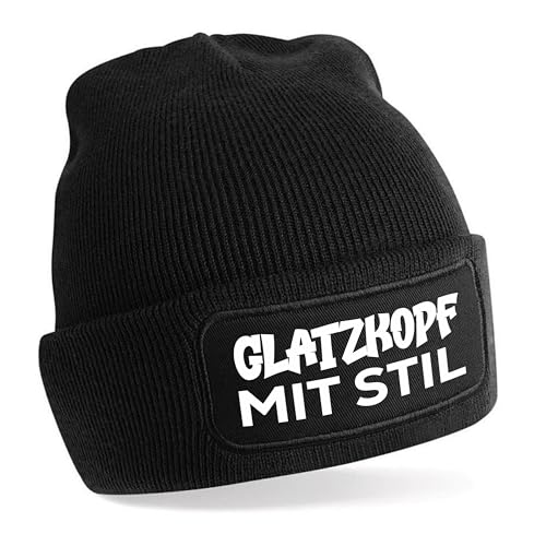 Herzbotschaft Beanie Strickmütze mit Spruch | Glatzkopf mit Stil | schwarz | Unisex SoftTouch angenehm weiche und warme Wintermütze | OneSize Einheitsgröße für Erwachsene