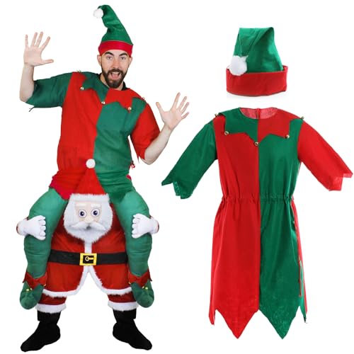 Santa Pick Me Up Costume - X-Large - Santa Ride-On Costume with Red and Green Elf Costume - Novelty Father Christmas Carrying Elf Xmas Fancy Dress Costume