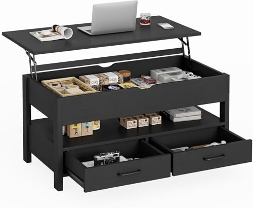 AOVSA ローテーブル 昇降式 センターテーブル 高さ調節 リフトアップテーブル 引き出し付き コーヒーテーブル 在宅ワーク 大容量 テーブル リフティング 食事 コンパクト 木製 隠し棚 おしゃれ 一人暮らし 幅90×奥行45×高さ46-59cm (ブラック)