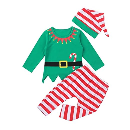 Freebily Conjunto Navidad de Bebé Niño Recien Nacido Elfo Disfraz de Duende Navideño Camisa Top Manga Larga con Pantalón Rayada y Gorro de Navidad Fiesta Niño Verde 12-18 Meses