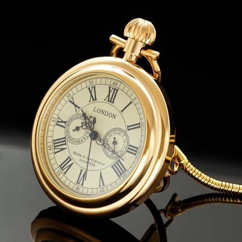 Image of London Pocket Watch Steampunk Mechanical Hand-Wind London Mens Watches with Chains & Boxs, 011-gold, PJX011