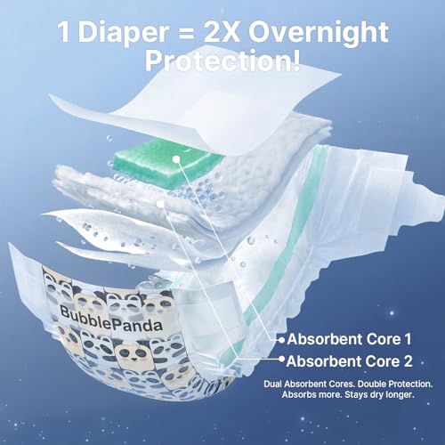 Image of BubblePanda Overnight Diapers Baby Diaper Nighttime Protection Size 7 | Diapers Nighttime Protection with Dual Absorbent Core, Wider Absorbent Zone, Leak Proof Soft Surface, Disposable (Count 60)