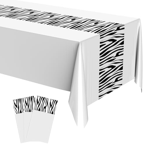 Buryeah 3 Pcs Zebra Tablecloth Zebra Print Plastic Table Cloth Disposable Tablecloth Animal Safari Table Cover 54 x 108'' for Baby Shower Wedding Birthday Party Decorations Supplies (White)