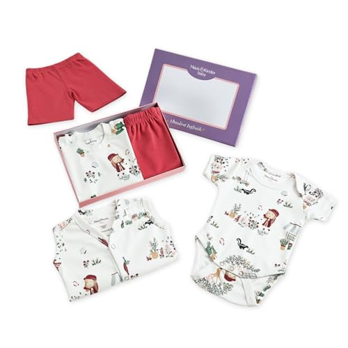 Image of Haus And Kinder Baby Clothes Set For 0-6 Months - Pack Of 5 | 5-piece Newborn Outfit With Onesie, T-shirt, Pants, Shorts, Vest ? Soft Jersey Cotton Infant Apparel | Scarlet Print For Boys & Girls