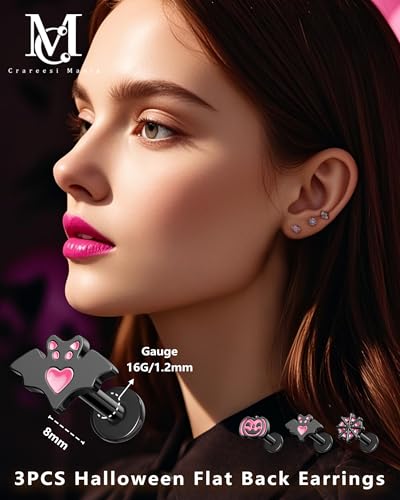 CM Crareesi Mania Pumpkin Helix Stud Earrings 3PCS Halloween Flat Back Earrings 16G Black Cartilage Earring 316L Surgical Steel Internally Threaded Black Labret Conch Tragus Studs2