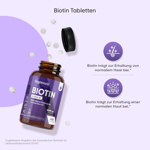 Biotin Tabletten - 12.000mcg je Portion - 365 vegane Tabletten - Biotin trägt zur Erhaltung normaler Haut und normaler Haare bei (Laut EFSA) - 1 Jahr Vorrat - Bekannt als Vitamin B7 - WeightWorld