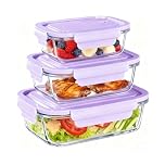 Witeygai 3 Piece Airtight Glass Food Storage Containers with Purple Lids, Large Capacity Food Container, Reusable Meal Prep Containers for Oven, Microwave, Freezer and Dishwasher